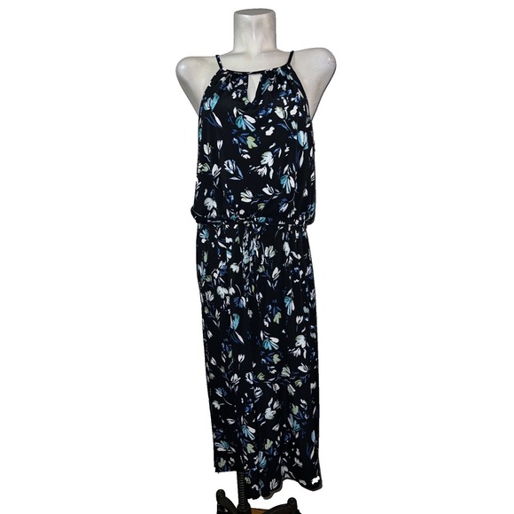 London Times Pants - London Times Womens Size 16 Black Blue Floral Halter Keyhole Jumpsuit Wide Leg
